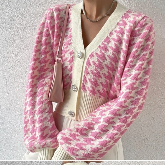 Pink Preppy Womens Houndstooth Pattern Lantern Sleeve Cardigan - Picture 5 of 12